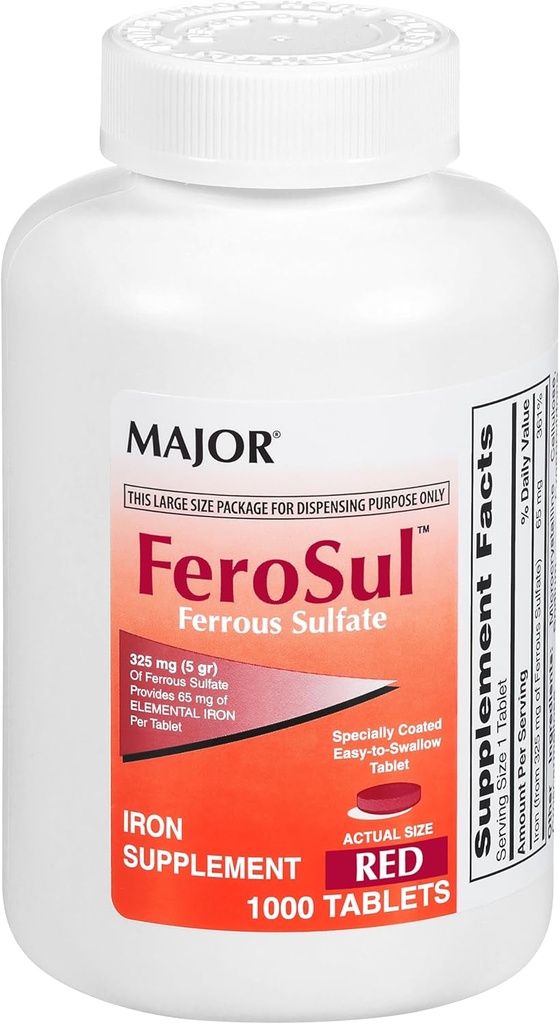 Major FeroSul - Żelaza siarczan 325 mg tabletki - Żelaza Suplement dla Kobiet i Mężczyzn - Specjalnie powlekane tabletki easy- to- Połknięcie - Czerwony - 1000 Tabletki