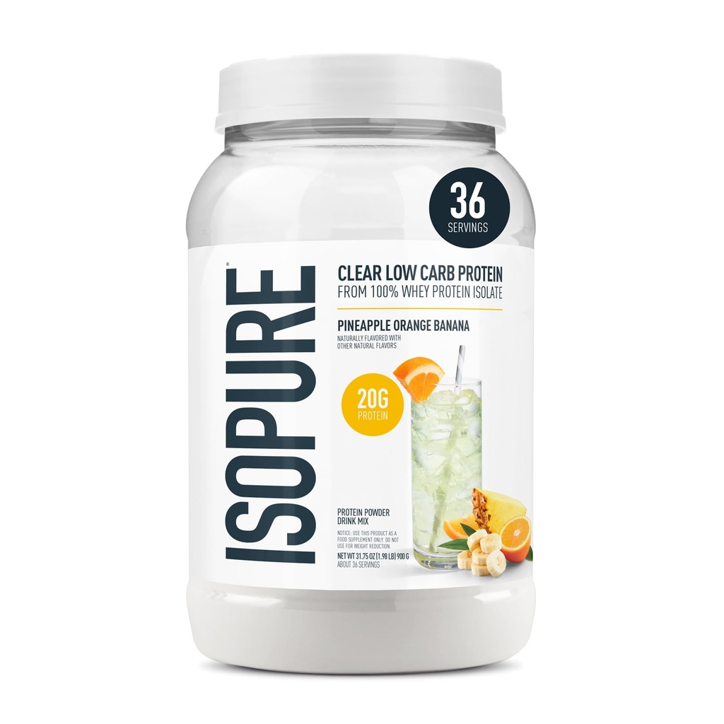 Isopure Clear Whey Isolate Protein Powder, Lactose Free, Gluten Free, Naturally Flavored, Pineapple Orange Banana, 20g Protein Per Serving, 1.9 Lb, 36 Servings (Packaging May Vary)
