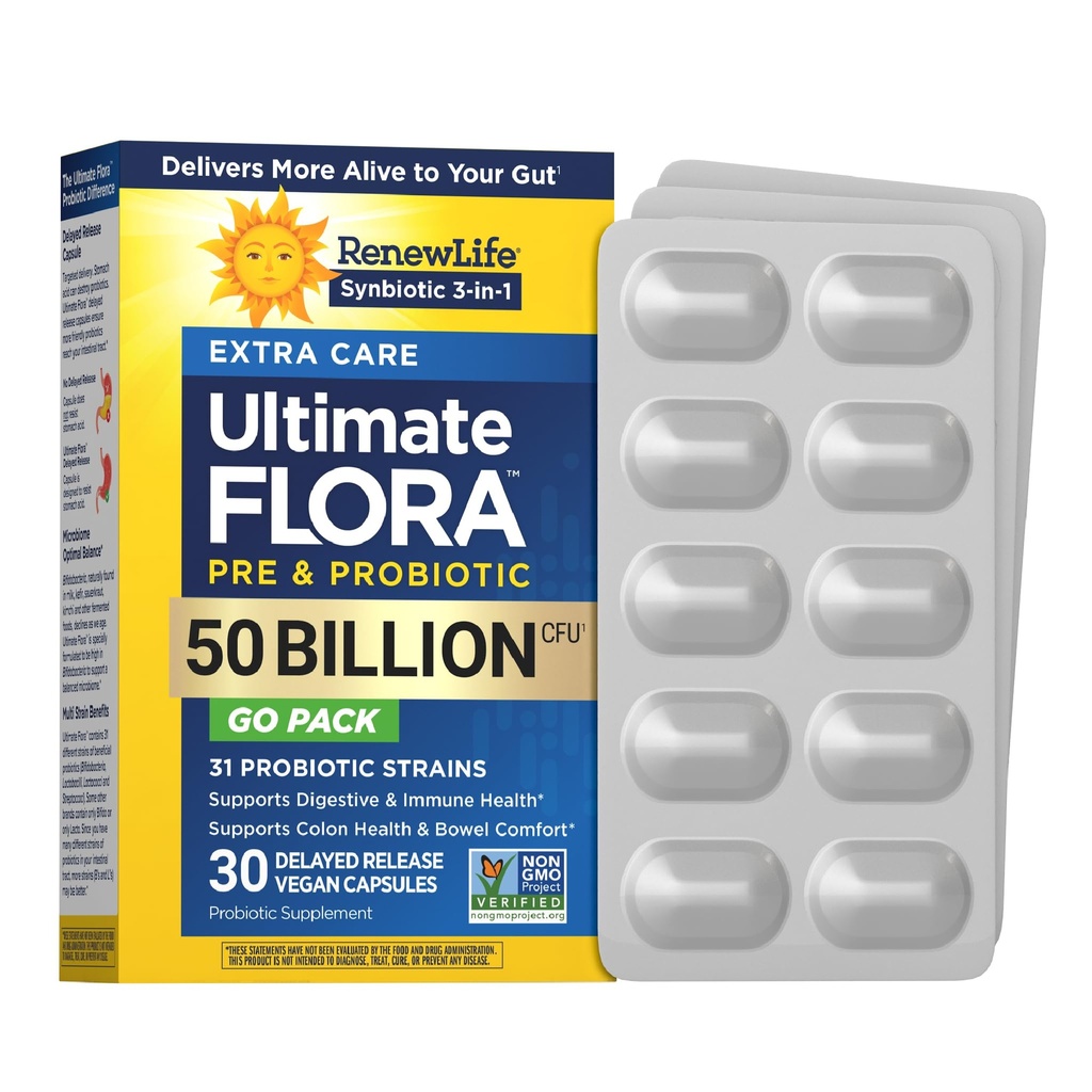 Renew Life Extra Care Go- Pack Kapsułki probiotyczne, Codzienne Suplement Wspiera immunologiczne, pokarmowe i oddechowe, L. Rhamnosus GG, Dairy, Soy i gluten- free, 50 Miliard CFU, 30 Ct