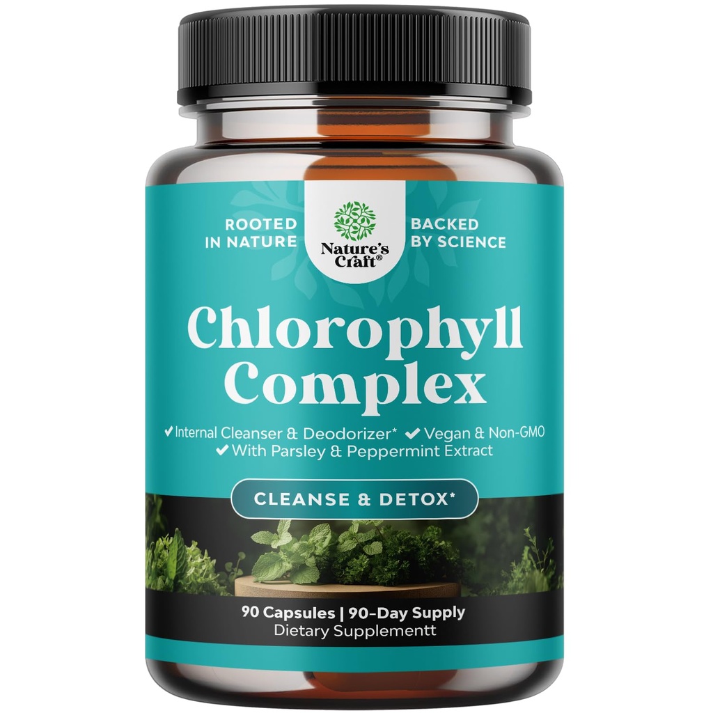 Chlorophyll Capsules for Cleanse and Detox Support - Internal Deodorant Pills for Body Odor with Mint & Parsley Extract Healthy Skin Immunity & Digestive Support - Vegan Non-GMO & Gluten Free (90ct)