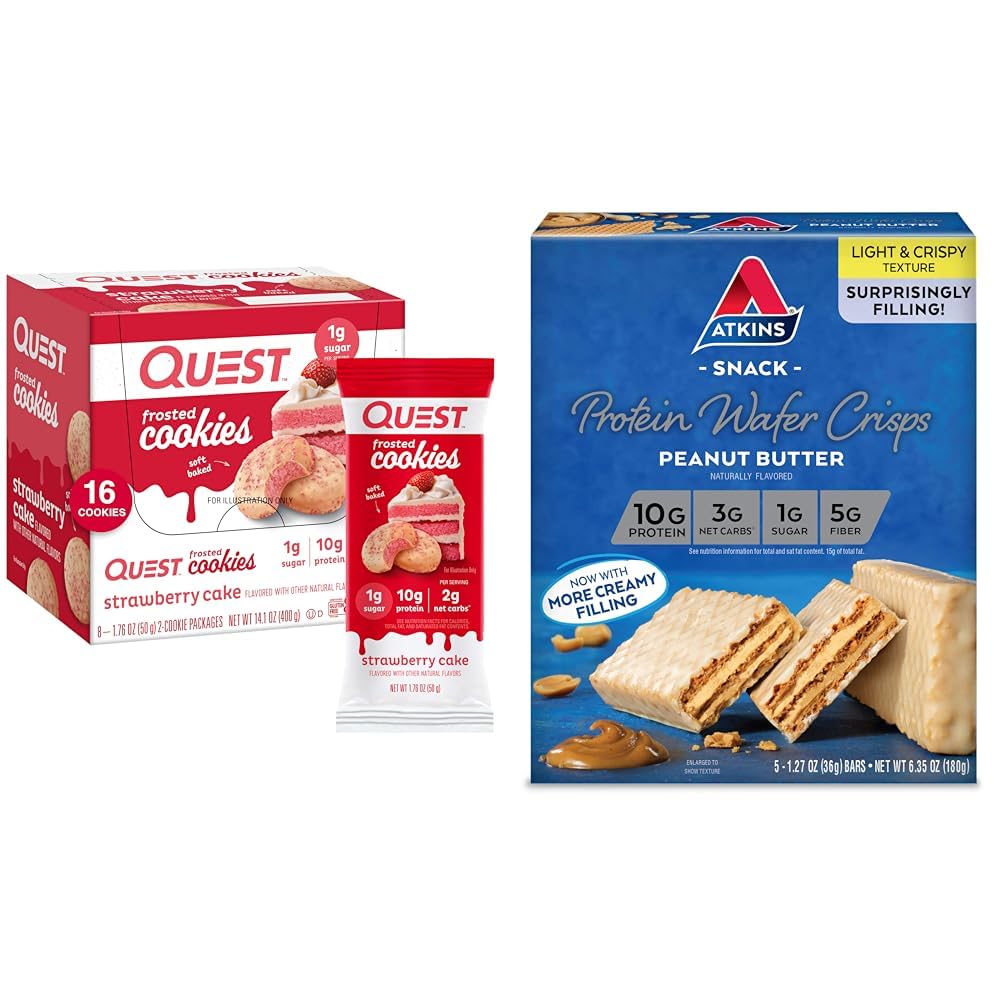 Quest Nutrition Frosted Ciasto truskawkowe Cookies & Atkins Masło orzechowe Białko chrupki Wafer Bundle, 1 g Cukier Cookies, 4g Net Carb Wafers
