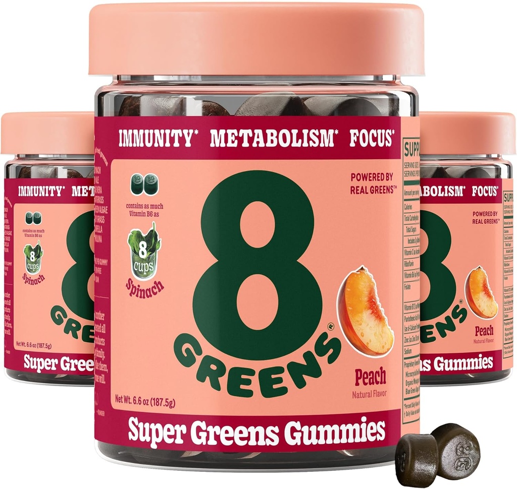 8Zieloni Supergreens Gummies Between 124; Super Zieloni w proszku Superfood Gummy do metabolizmu, Immunitet & Focus, Żywność Enzymy zdrowia, Organiczne: Chlorella, Spirulina, Aloe Vera, Peach Flavor, 150 Hrabia