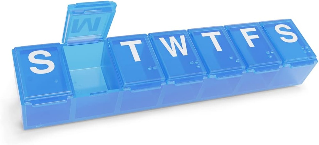 EZY DASE Cotygodniowy (7- Day) Pill Organizator, Medicine Planner, Witamina Organizer Box, Case for Supplements and Fish Oils, Wygodne i łatwe w użyciu średnich kompozycji, Przyjazny podróży, Niebieski, BPA Free