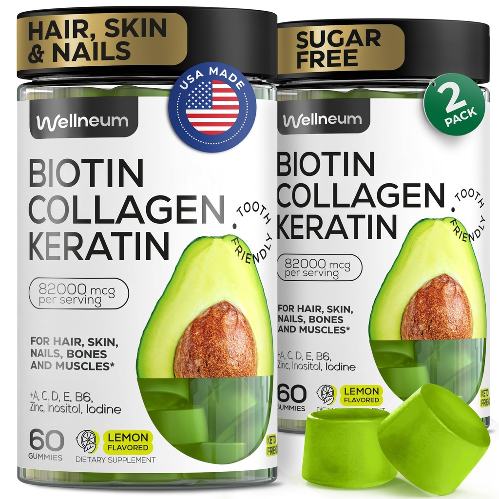 Biotin and Collagen Peptide Gummies for Hair Growth, Skin and Nails 120 Pcs (2 Pack) - 82000 Mcg - Biotin Chewables with Keratin Max Siła - Piękno Gummies for Women and Men - Sugar Free, Non-GMO