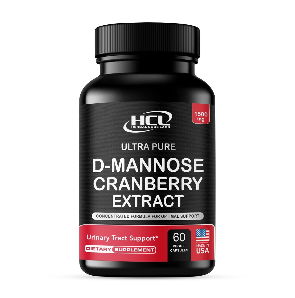 HCL KOD HERBAL LABS D- Mannose z ekstraktem żurawinowym Kapsułki 1500mg - Wysokiej mocy suplement USP klasy D- Mannose z całych owoców Żurawinowy proszek - Support Tract - Non-GMO 60 Kapsułki