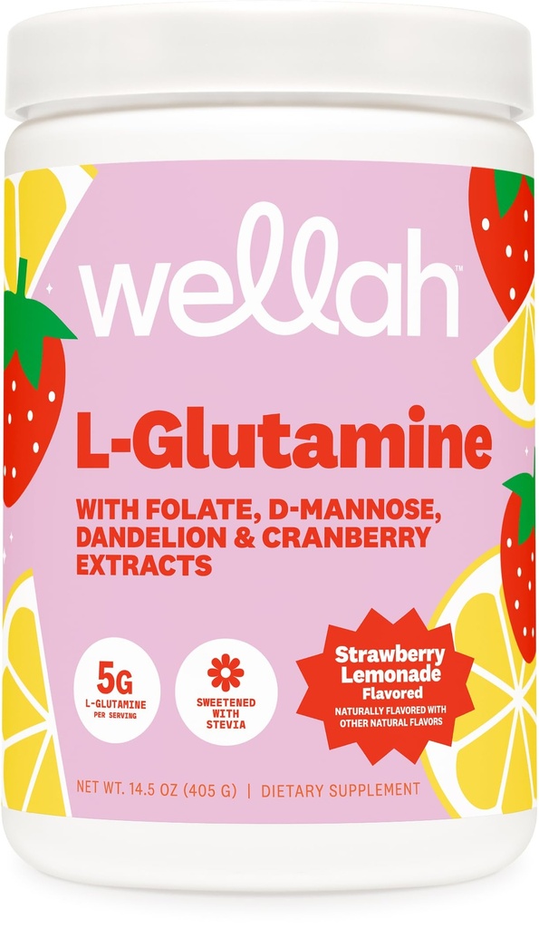 Wellah L- Glutamina Truskawka Lemoniada Flavored (50 Służenie) - 5g L- Glutamina Per Serving, Sweetened with Stewia
