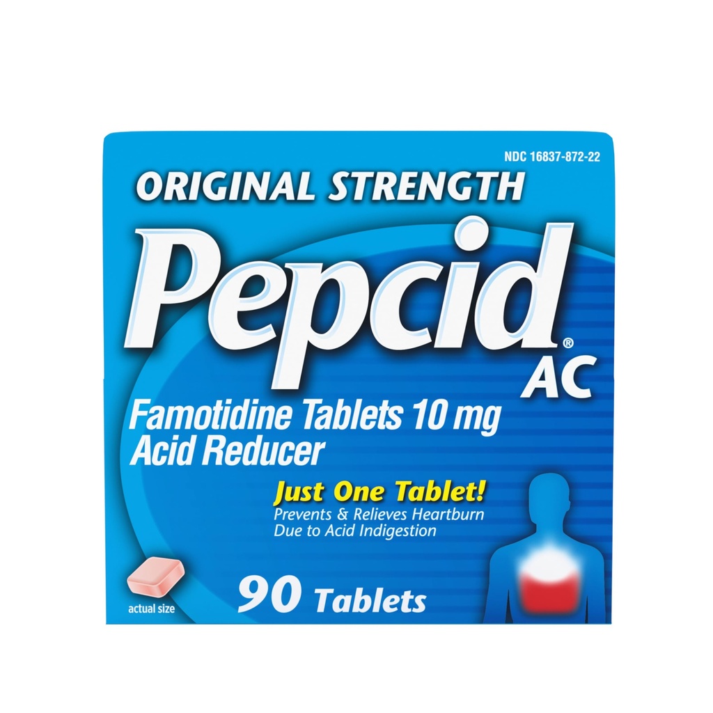 Pepcid AC Oryginalna siła Heartburn Relief Tablets, OTC Medicine Prevents & Relieves Heartburn Ze względu na niestrawność kwasu & Sour żołądka, 10 mg Famotidine Acid Reducer, Fast- Acting, 90