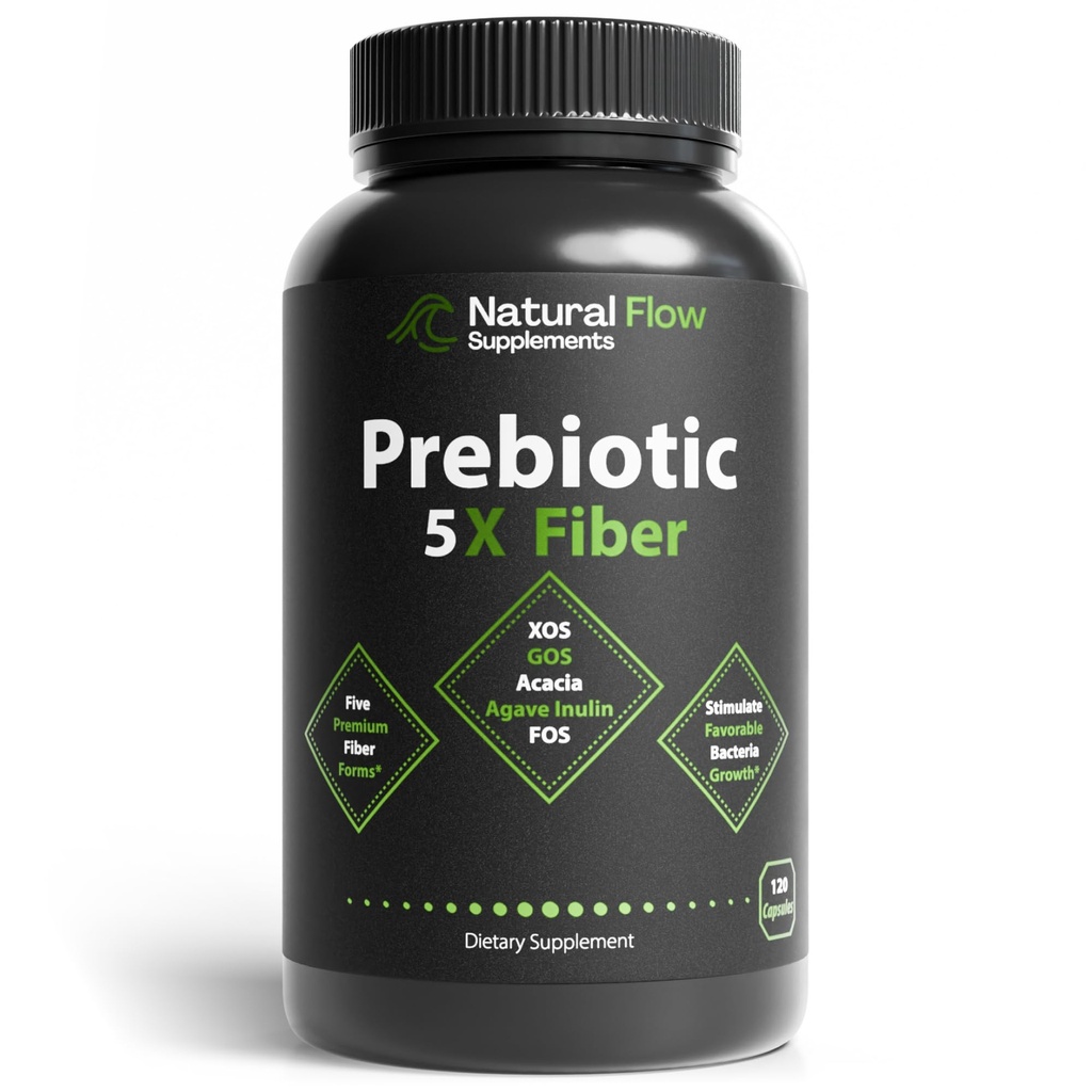 Prebiotic Fiber Supplement 5-in-1 Capsules - Natural Flow 5X Fiber XOS, GOS, FOS, Acacia and Agave Inulin, Daily Soluble Fiber Formula for Gut Support and Boost Good Bacteria Diversity, 120 Caps