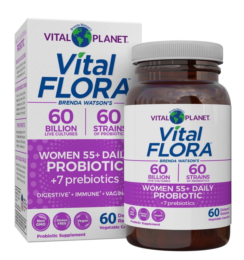 Vital Planet - Vital Flora Kobiety ponad 55 Dzienny Probiotyk, 60 Miliard CFU, Różnorodne Szczepy, Organiczne Prebiotyki, Wsparcie Waginalne i immunologiczne, Probiotyki zdrowia dla kobiet 60 Kapsułki