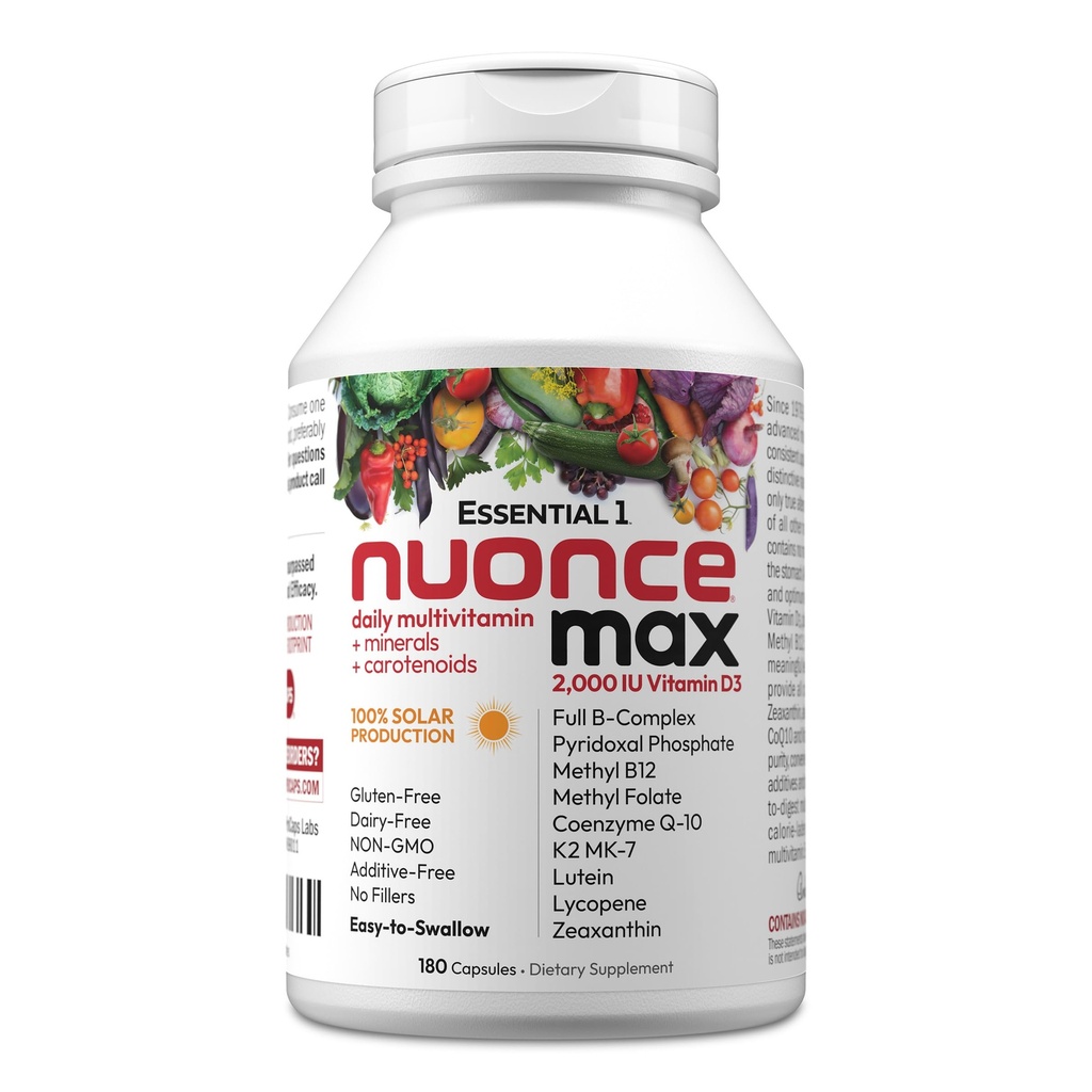 ANDREW LESSMAN Essential-1 nuonce max Multivitamine 2000 IU Witamina D3 180 Małe kapsułki. 100 µg Metylu B12. CoQ10 Lutein Lycopene Zeaksantyna. Wysoka moc. Żadnych dodatków. Ultra- łagodny jeden dzień kapsułki