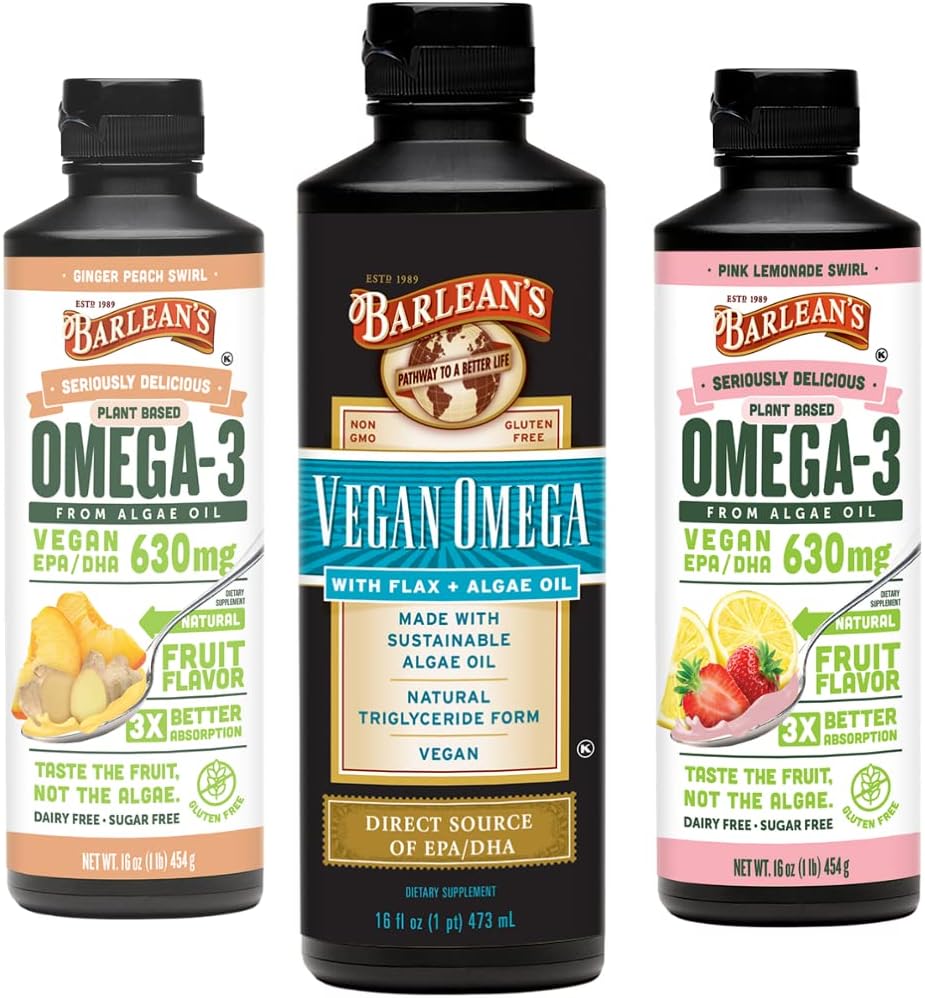 Vegan Omega 3 Algae Oil Liquid Supplement Bundle, zawiera nasiona lniane i mieszankę oleju algaicznego, Ginger Peach i Pink Lemonade Flavors, EPA i DHA Fatty Acids