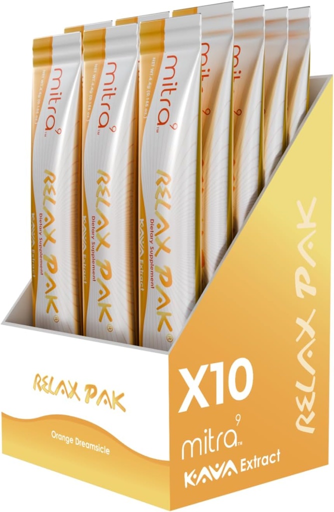 Mitra9 Kava Powder RelaxPak - Orange Dreamsicle Kava Extract Pakiety proszku 124; Mood Enhancer 124; Plant Based 124; Promotes Natural Calm & Clarity 124; Easy Open Single- Serving Stick (10)