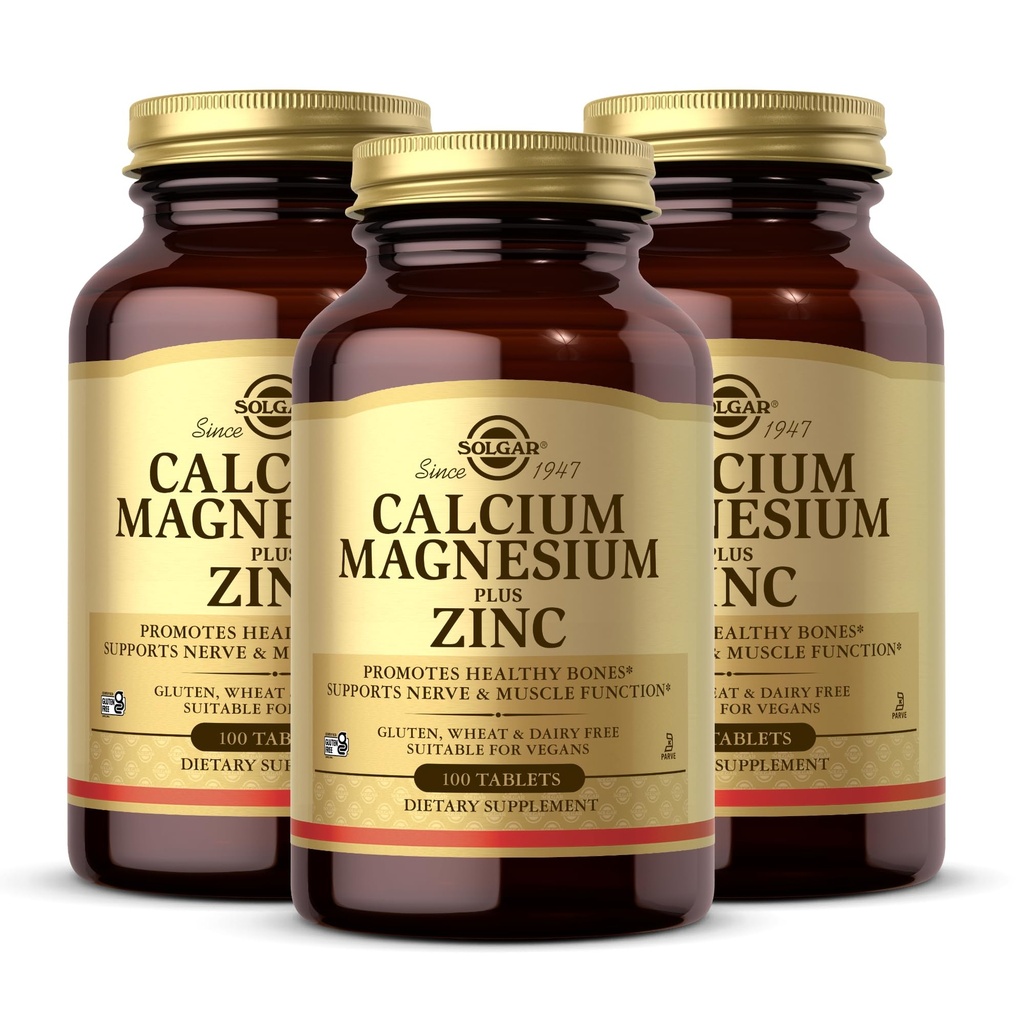 Solgar Wapnia Magnezu Plus Cynk, 100 Tabletki (Opakowanie 3) - Promotes Healthy Bones and Teeth - Wspiera Nerve & Muscle Function - Non- GMO, Wegan, Gluten Free, Dairy Free, Kosher - 100 Razem Sługi