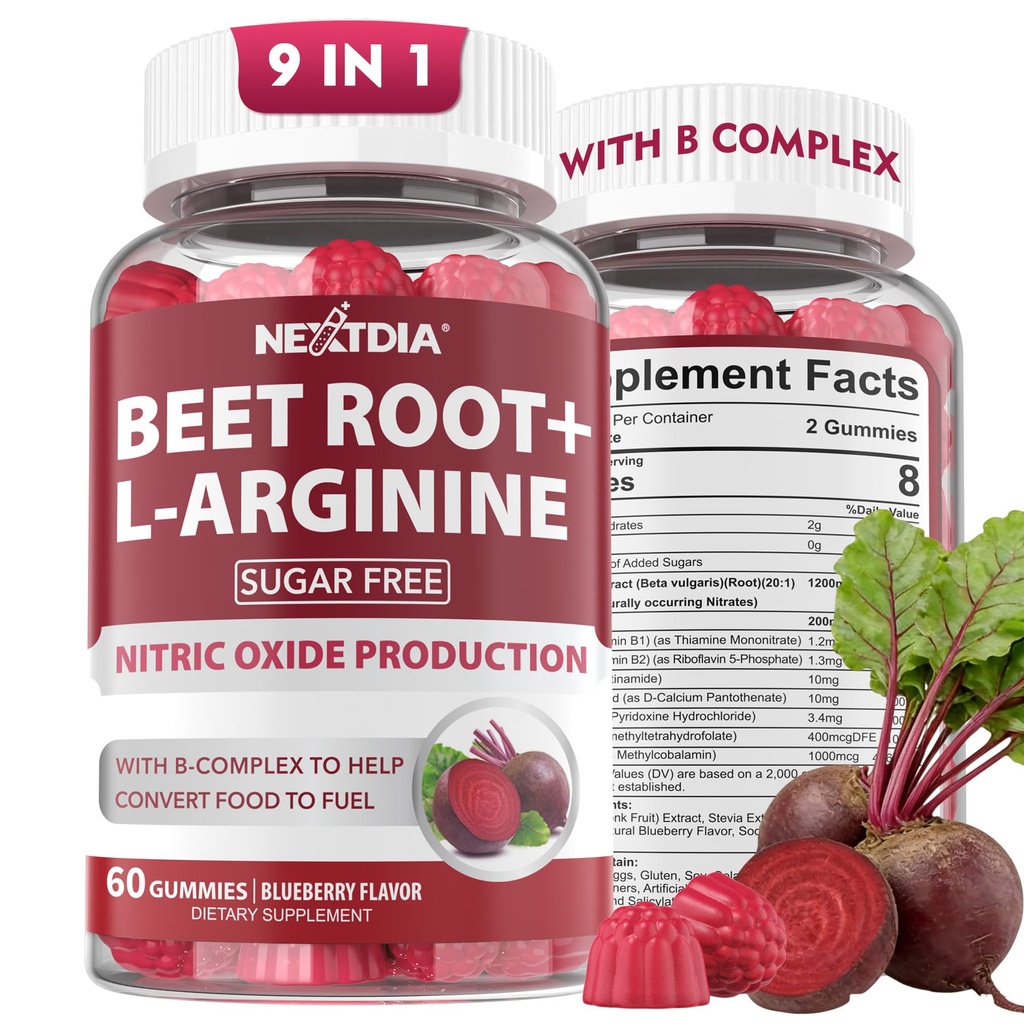 Gummy buraczane & Arginina L-, dodatki tlenku azotu dla mężczyzn i kobiet w / Organic Beets, B1, B2, B3, B5, B6, Folate, B12 dla Energy Boost & Circulation Support, Sugar Free, 120 Cts