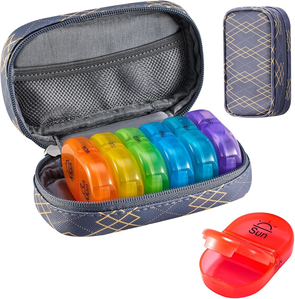 Serfeymi Cotygodniowy Travel Pill Organizator 2 razy w ciągu dnia PM Zmodernizowany Rainbow Pill Box 7 Dzień z przenośnym Zipper PU Leather Pill Case, Medicine Organizer for Pills, Witaminy, Oleje rybne - Linie 01