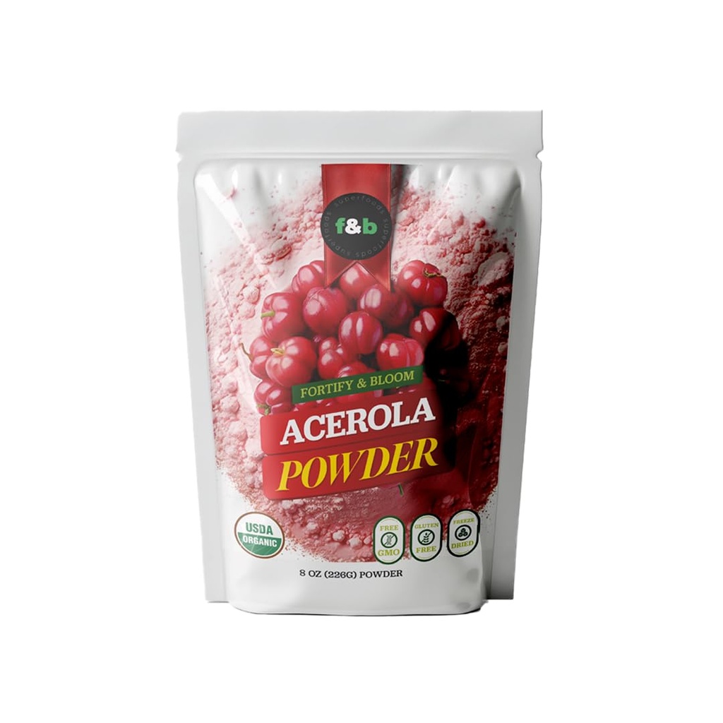 f & b Superfoods Pure Organic Acerola Cherry Powder Freeze Suchy (8oz), Organic Witamina C Proszek do uzupełnienia układu immunologicznego, Smoothie, Sok wiśniowy, Acerola Witamina c Proszek luzem, Brazylia Pochodzenie.