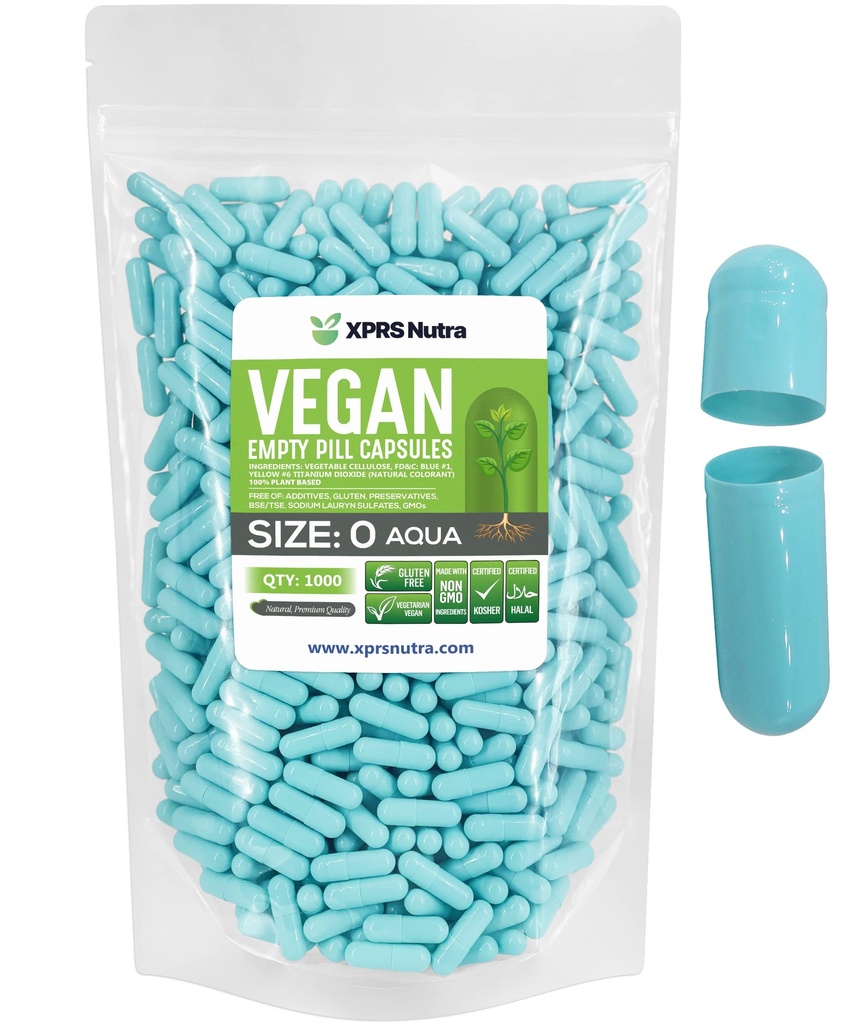 XPRS Nutra Rozmiar 0 Puste kapsułki - 1000 Hrabia Puste kapsułki wegańskie - Wegetariańskie tabletki - DIY Vegetable Capsule Fill- Veggie Pill Gel Czapki dla Do- It- Yourself Supplements (Aqua)
