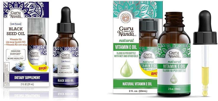 GuruNanda Black Seed Oil, Cold- Pressed Nigella Sativa - bogaty w witaminy D3 5000 Jednostek, K2 & E & Witamina E Oil (2 Fl Oz) - 100% Czysty & Naturalny, 15 000 IU na butelkę dla skóry, włosów, twarzy