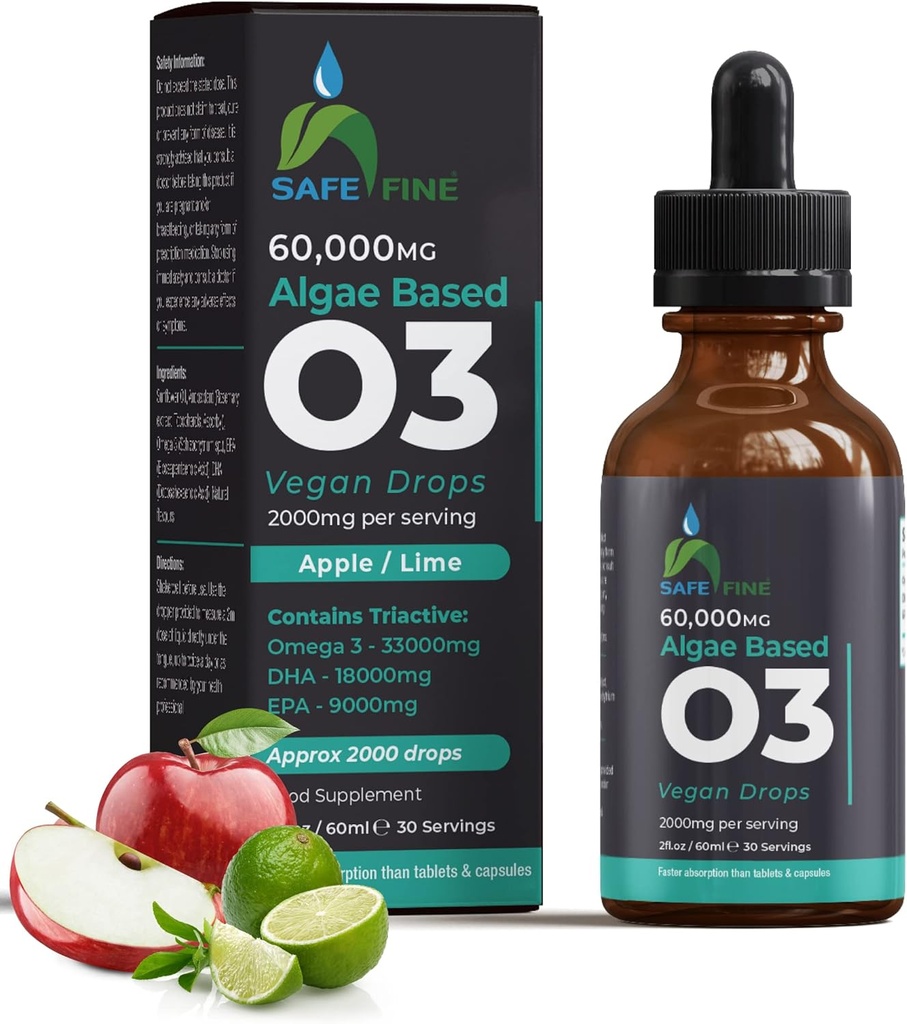 Omega 3 Płynne krople wegańskie - DHA & EPA z oleju z alg - 60 ml Butelka z kroplomierzem - 2000 mg na jedną porcję - Wspiera ogólne Body Wellness Supplement dla całej rodziny