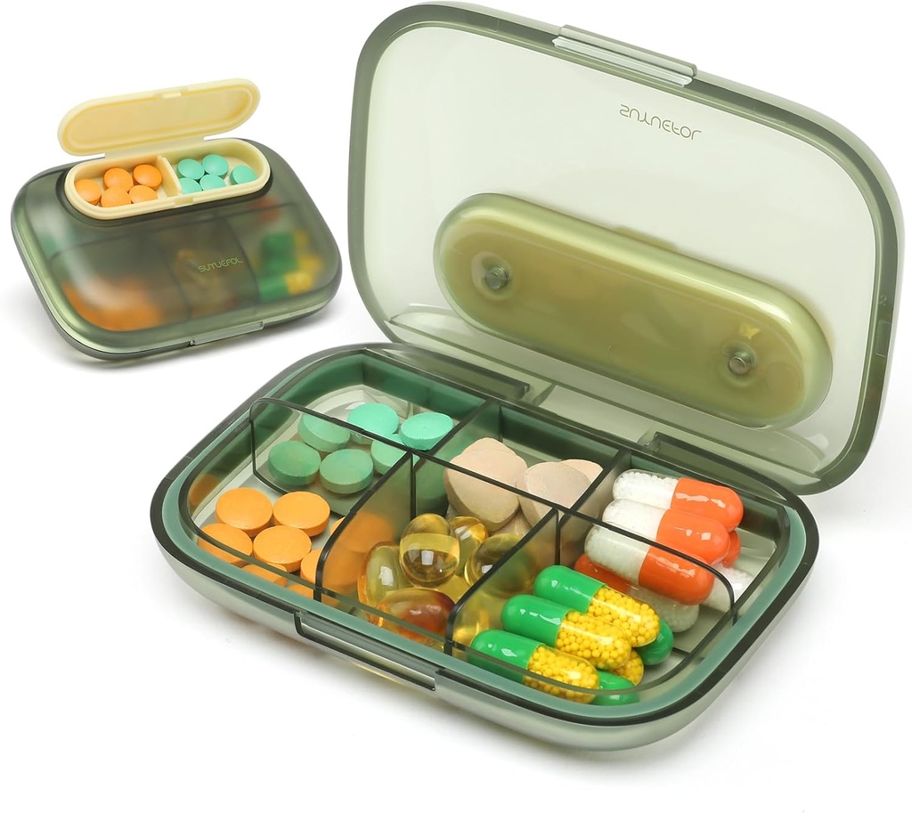 Toplive 6 Komory Małe pióro Case Travel Pill Organizator Pocket Medication Travel Case Przenośny mały pojemnik na pióro z Magnet Light- Proof Mini Pill Box, Zielony