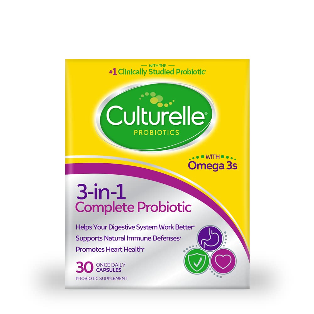 Kulturelle 3- in-1 Kompletna Probiotic Daily Formuła, raz na dzień suplement probiotyczny, Pomaga Twój Digestive System działa lepiej, Wspiera naturalne obronne immunologiczne, Plus Omega 3, Non-GMO, 30 Count