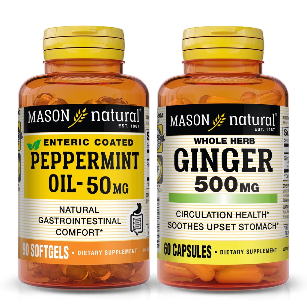 MASON NATURAL Peppermint Oil 50 mg Enteric Coated Softgels & Whole Herb Ginger 500 mg Bundle for Daily Digestive Support & Overall Wellness