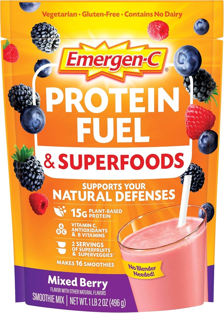 Emergen- C Białko w proszku Paliwo & Superfoods (16 Servings, Mieszany Flavor Berry) Plant- Based & Wegetariański shake Mix Z Organic Superfoods, Witamina C i inne przeciwutleniacze