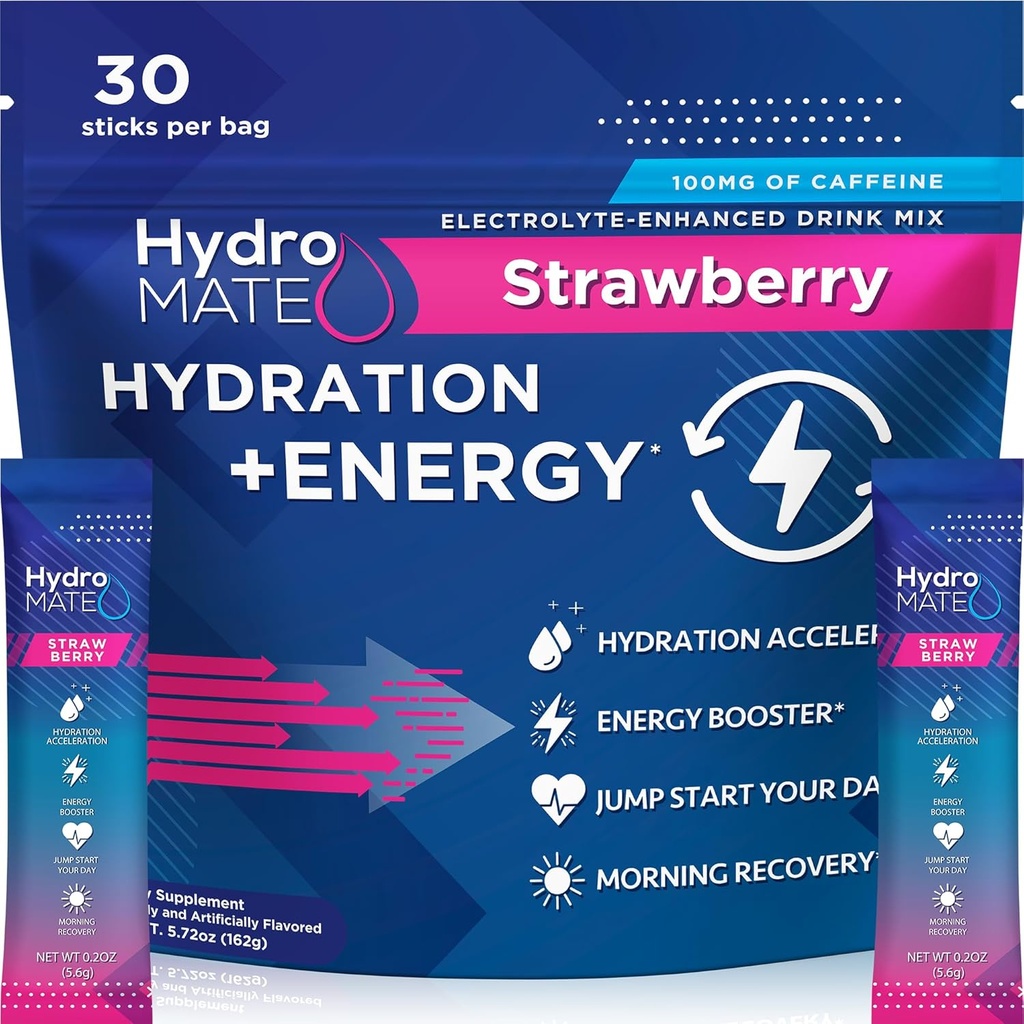 HydroMATE Elektrolity Proszek Drink Mix Pakiety Hydration Akcelerator Niski Sugar Rapid Party Recovery Witamina C Plus Kofeina Truskawka 30 Liczba