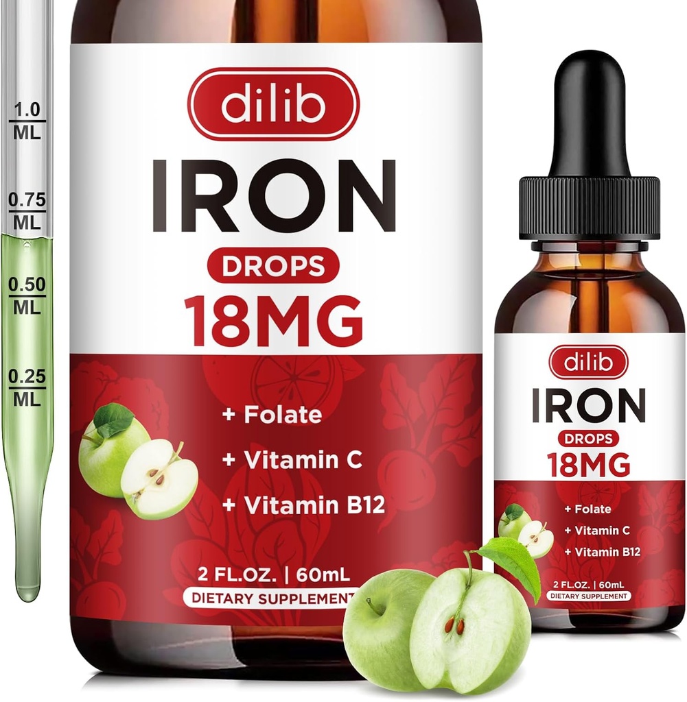 Płynny suplement żelaza dla kobiet i mężczyzn Żelazo Dropy Suplementy dla Anemii z folianem, Witamina C, B12 dla Red Blood Cell Support- Zielone jabłko Flavor, 2 Fl Oz