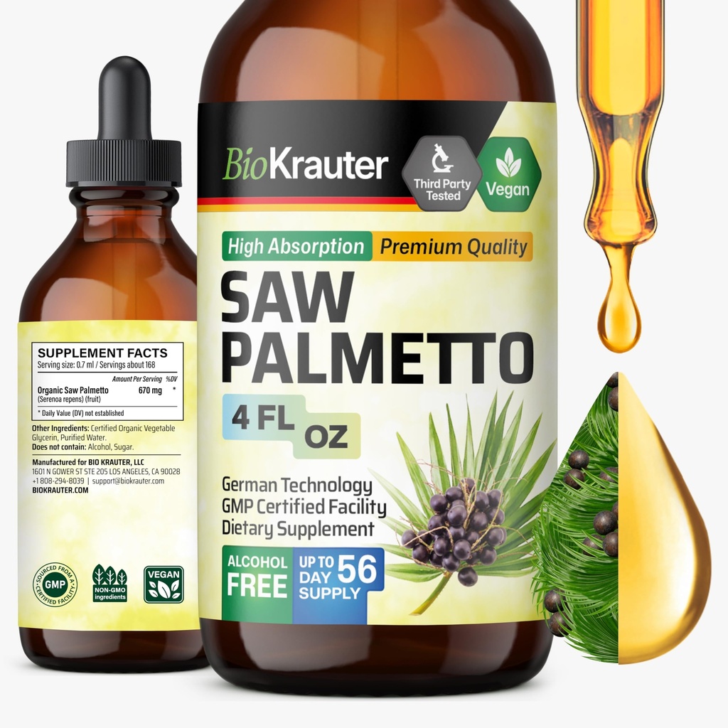 BIO KRAUTER Saw Palmetto Extract - Vegan Saw Palmetto for Men and Women - Support Urininary - Alcohol & Sugar Free - 4 Fl.Oz.