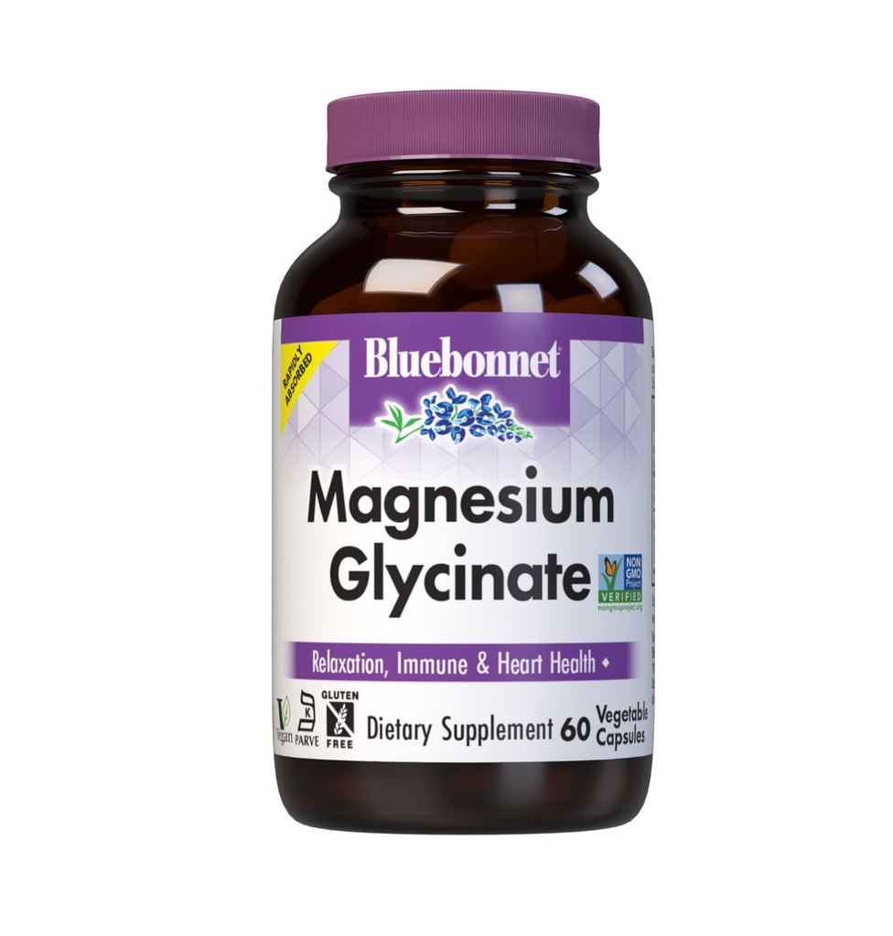 Bluebonnet Magnezu Glycinate, Produkcja energii *, Funkcje enzymatyczne *, Non-GMO Certified by NSF, Vegan, Kosher Certified, Gluten- Free, Soy- Free, Dairy- Free, 60 Kapsułki roślinne, 15 Sługi
