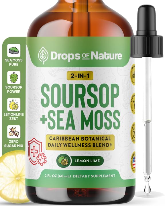 Soursop z Sea Moss Liquid Supplement - Bardziej skoncentrowany niż Sea Moss Gel - Łatwe mieszanie z napojami - Soursop Bitters Liquid Drops for Hydration and Immune Support (Lemon Lime, 60 ml)