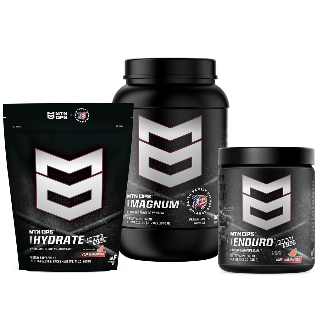 MTN OPS Mayhem Nation Bundle – Rich Froning Signature Series, Enduro + Hydrate Sour Watermelon + Magnum Peanut Butter Banana, Performance, Hydration & Recovery Stack
