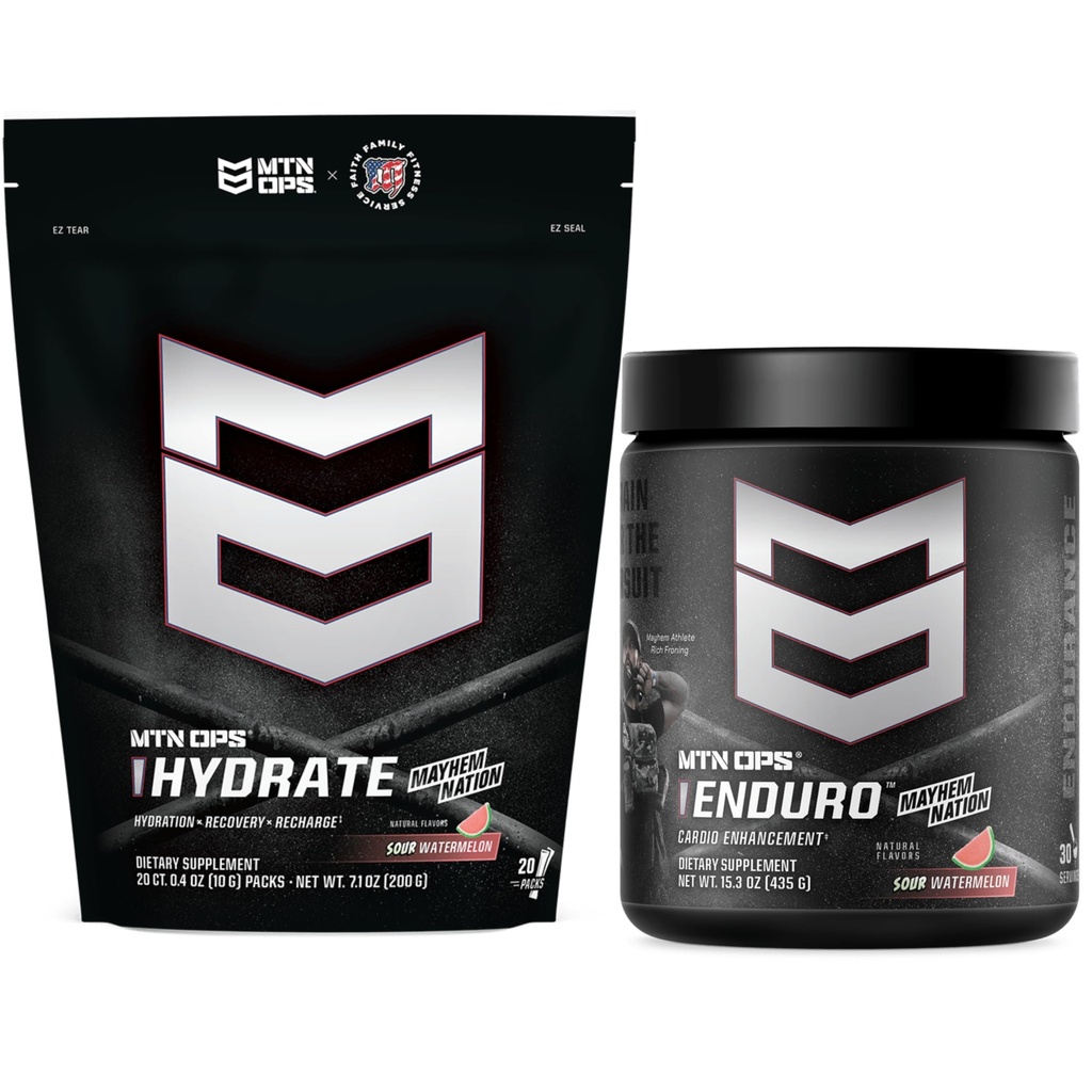 MTN OPS Enduro + Hydrate Sour Watermelon Bundle, Rich Froning Mayhem Series, Nitric Oxide Performance Powder + Electrolyte Hydration Mix, Low Sugar, Workout & Recovery Stack
