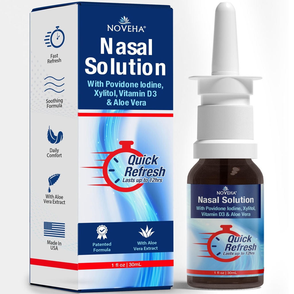 NOVEHA Spray do nosa - 1% Povidone- jodyny, Witamina D3, Aloe- Vera - Oczyszczarka do nosa (30 ml)