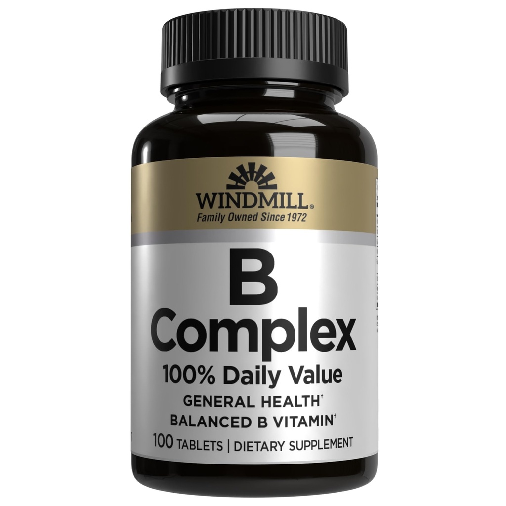 Windmill Natural Vitamin B Complex (100% wartości dziennej), Boost Energy Production and Promote Metabolizm, 100 Tablets, 100 Servings