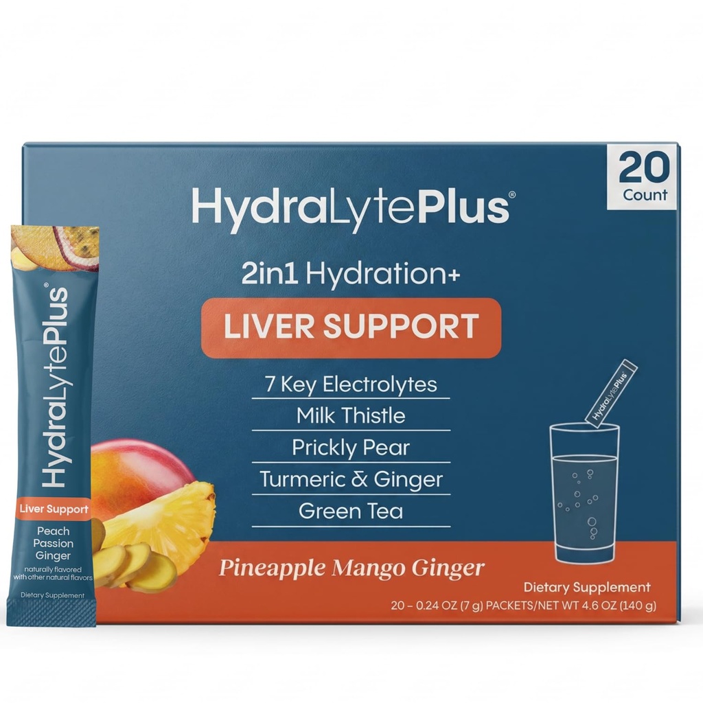 Hydralyte Liver Support + Electrolyte Mix with Milk Thistle, Turmeric, Ginger, Printer Pear, Green Tea Extract Preparted for Rapid Rehydration (Ananas Mango Ginger, 20 Pakiety)