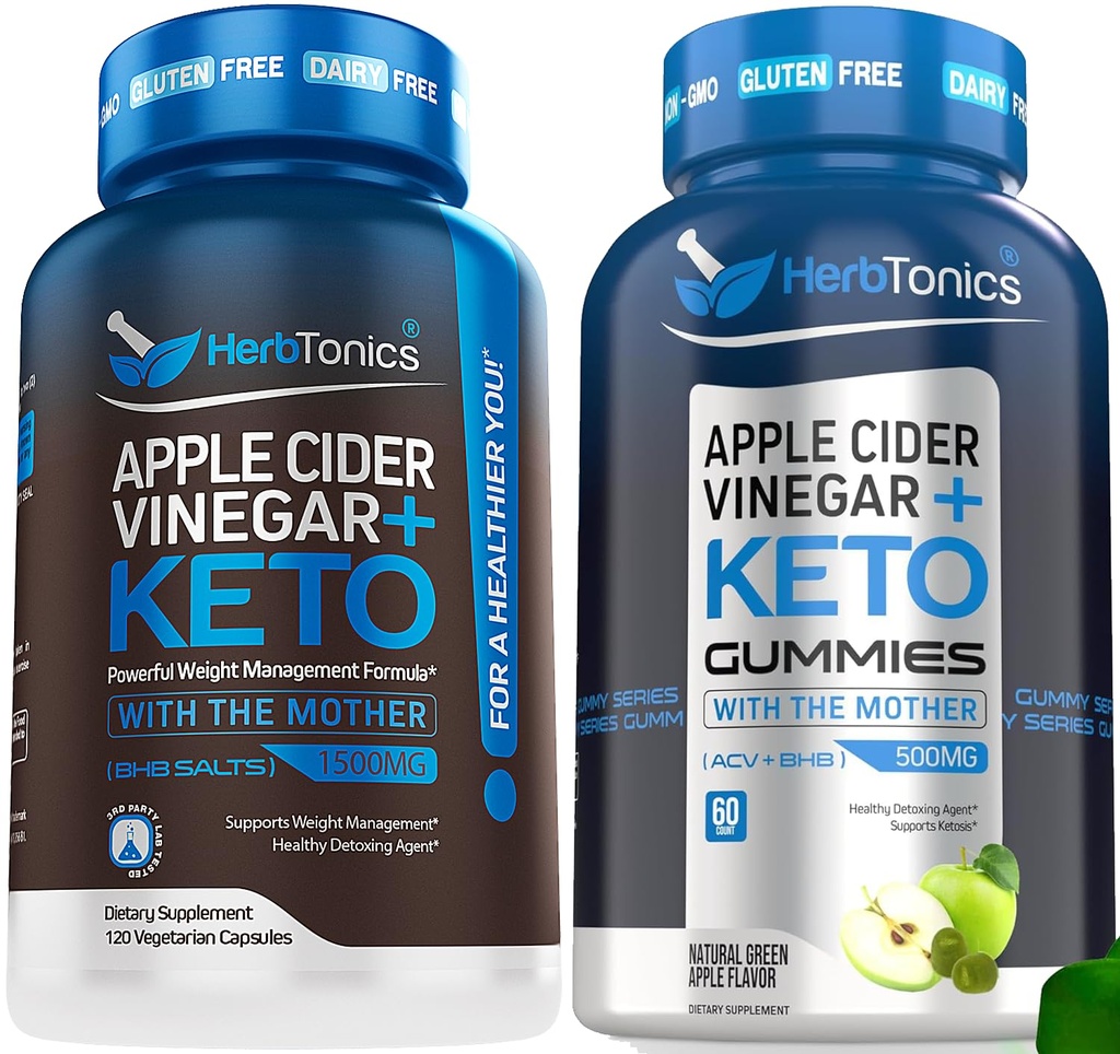 Herbtonics Jabłko Cider Ocet Kapsułki z Keto BHB - Wspiera trawienie, Detox, i Metabolizm dla kobiet i mężczyzn, Cukier-Free, Keto Formuła.