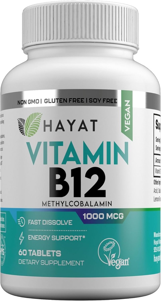 HAYAT Witaminy Wegan Naturalna Witamina B12 1000 MCG, Suplement diety do wsparcia metabolizmu energii, 2 Miesiąc dostaw, Wszystkie naturalne, Certyfikowany Halal, 60 Tabletki, Made in USA
