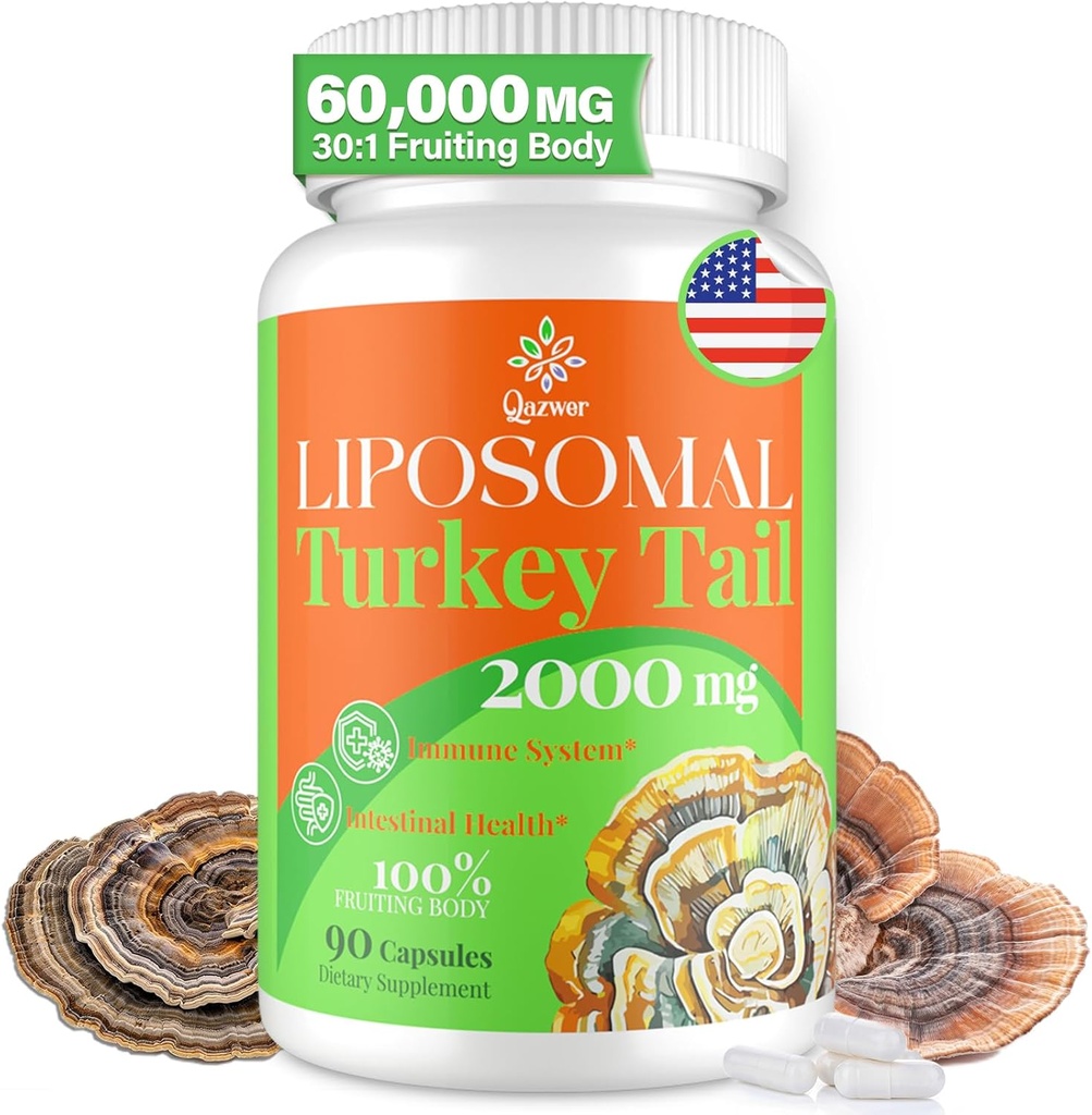 Liposomal Indyk Tail Mushroom Kapsułki, Wysoka Absorpcja Organiczna Turcja Tail Mushroom Extract 2000MG Pentagon 124; 30: 1 Fruiting Body Agregable 124; Suplement do Żywieniowego Zdrowia, Energia & Wsparcie immunologiczne, Non-GMO -90 Kapsułki