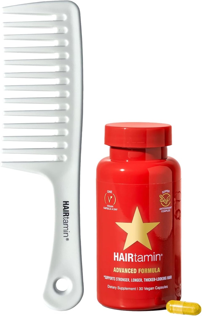 Hairtamin Advanced Vegan suplement Biotin Pack Agregat 124; Witaminy do włosów, skóry i paznokci z łagodnym detangling Comb to promowanie wzrostu i grubości