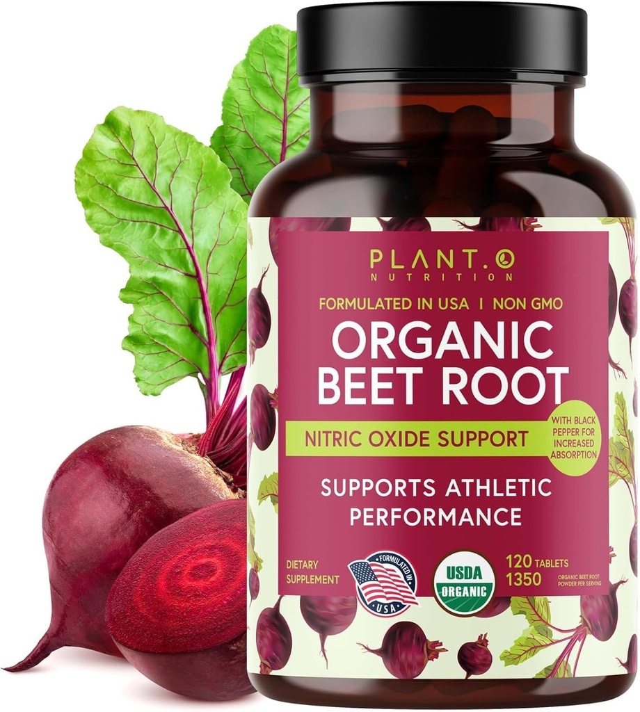 USDA Plant.O Premium Organic Beet Root Tablets [1350mg Beets Powder] z czarnym pieprzem do dodatkowej absorpcji - dodatek tlenku azotu