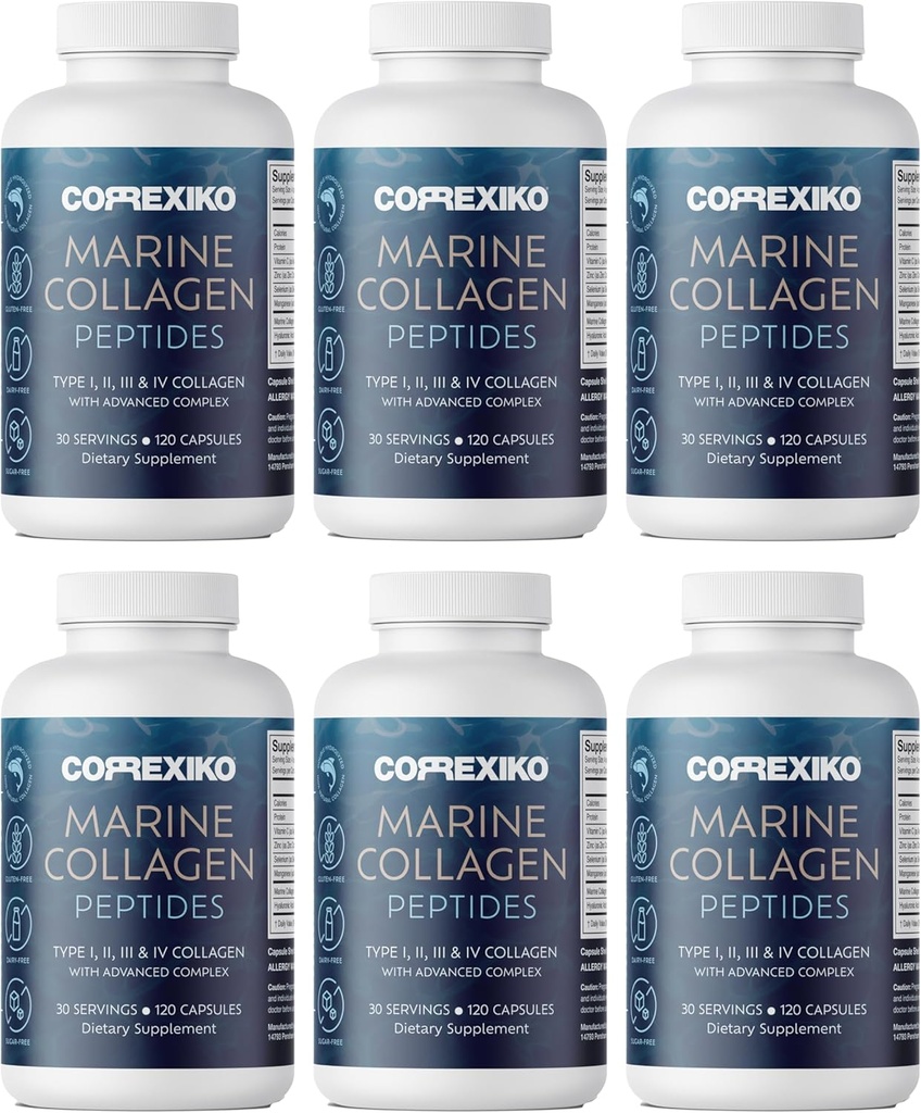 CORREXIKO Marine Colagen Supplement Pills - 1800mg Zhydrolizowane Peptydy Kolagenowe na serwowanie z dodatkiem kwasu hialuronowego, witaminy C i minerałów - dla włosów, skóry i paznokci - 720 Kapsułki 6 Miesiąca Dostawy