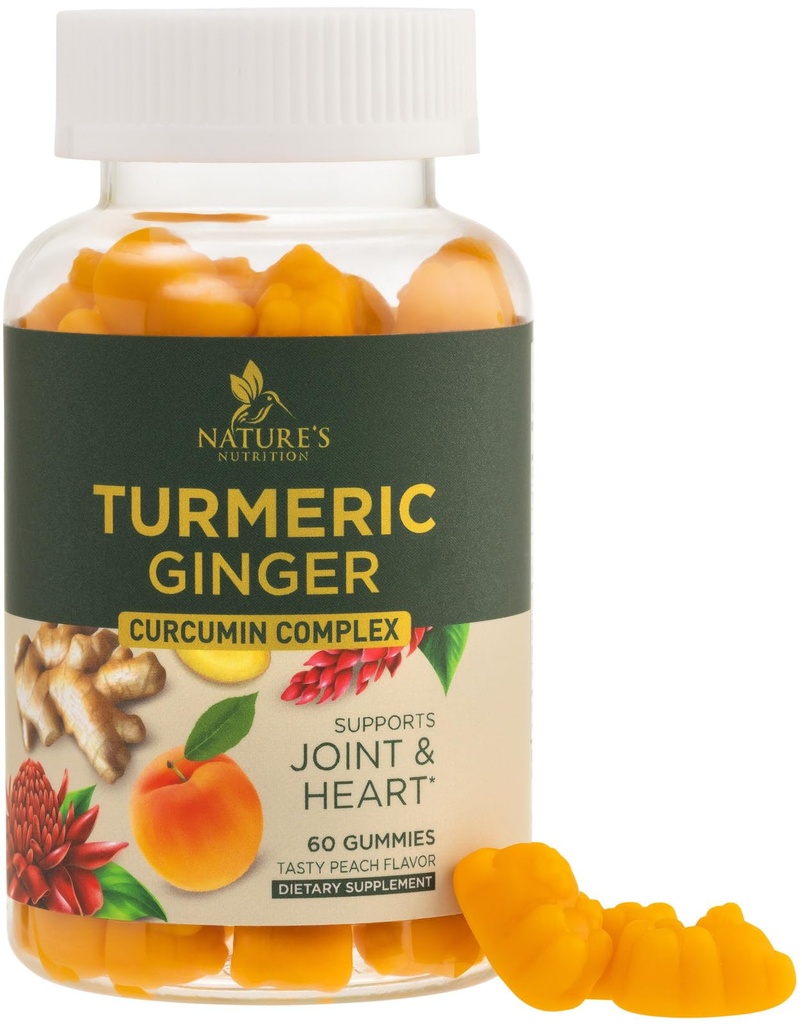 Kurkumina Kurkumina Suplement Gummies - 95% Kurkuminoidy z Turmeric & Ginger, Czarny pieprz dla najlepszej absorpcji, Wegańskie wsparcie wspólne, Non-GMO, Gluten Free, Smaczne brzoskwinie Flavor - 60 Gummies