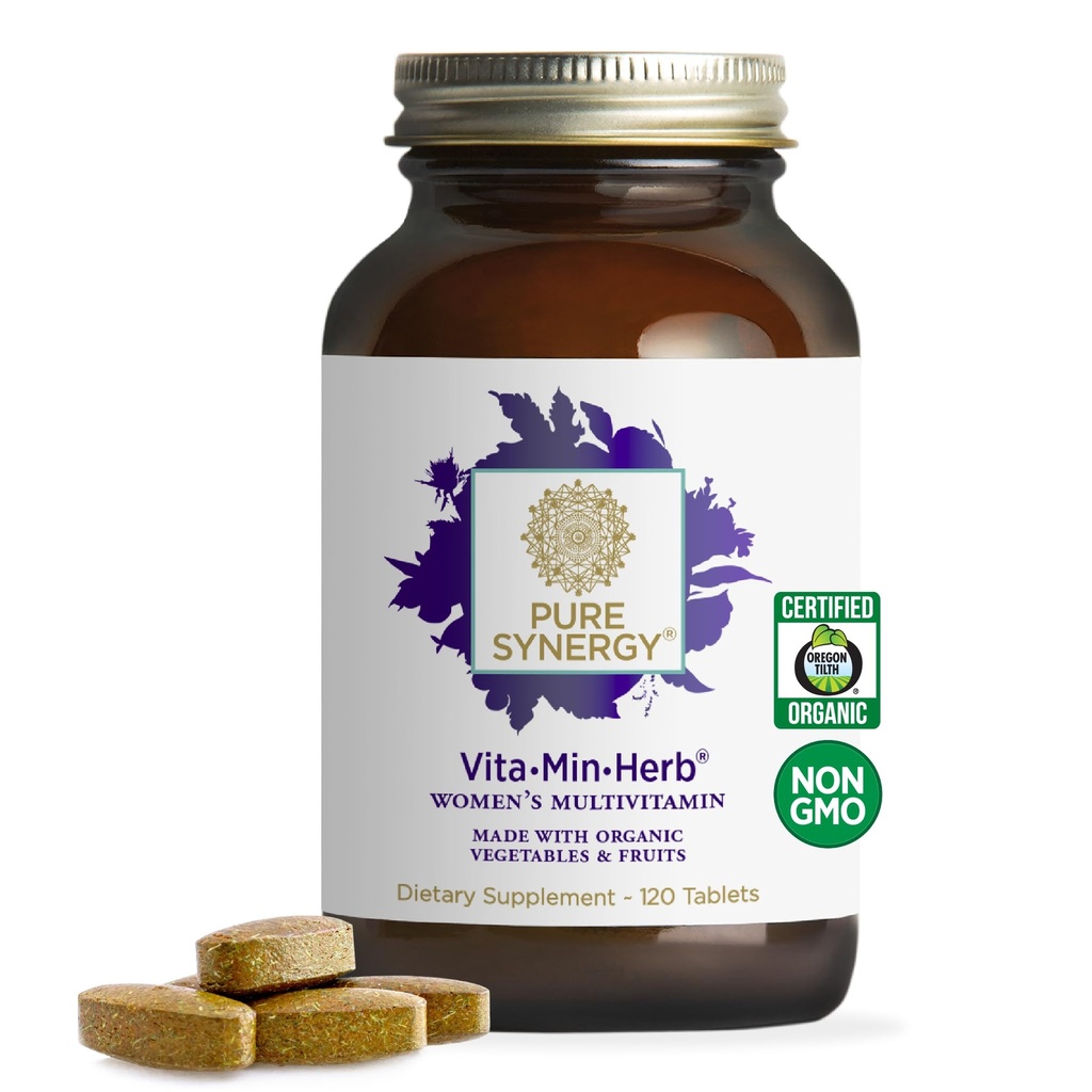 PURE SYNERGY Vita · Min · Herb dla kobiet 124; Kompleksowy suplement multiwitaminowy kobiet 124; Made with Organic Whole Food Non-GMO & Vegan Składniki 124; Wspomaga energię i zdrowie immunologiczne (120 tabletek)