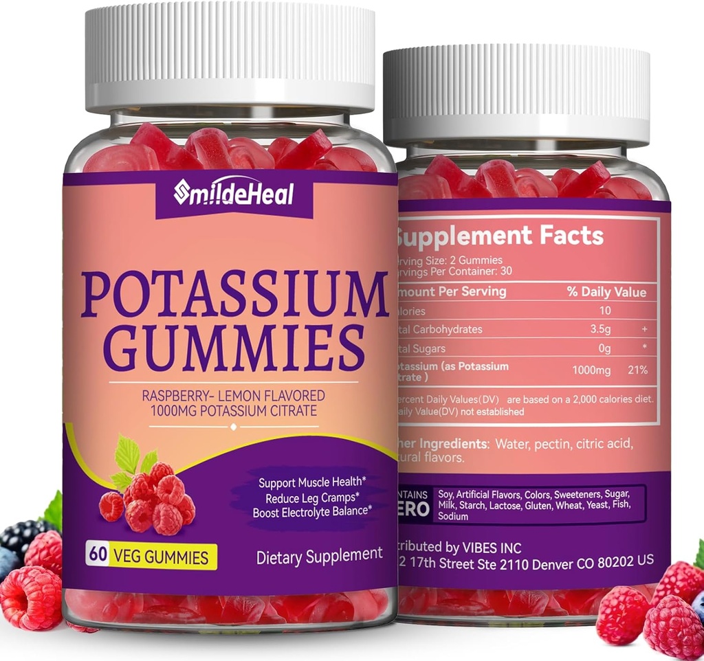 2 Pakiet Gummies suplement potasu 1000mg, Gummies potasu dla dorosłych, Kurcze nogi wsparcia & Zdrowie mięśni - Wegan, Non-GMO, 120 Liczba