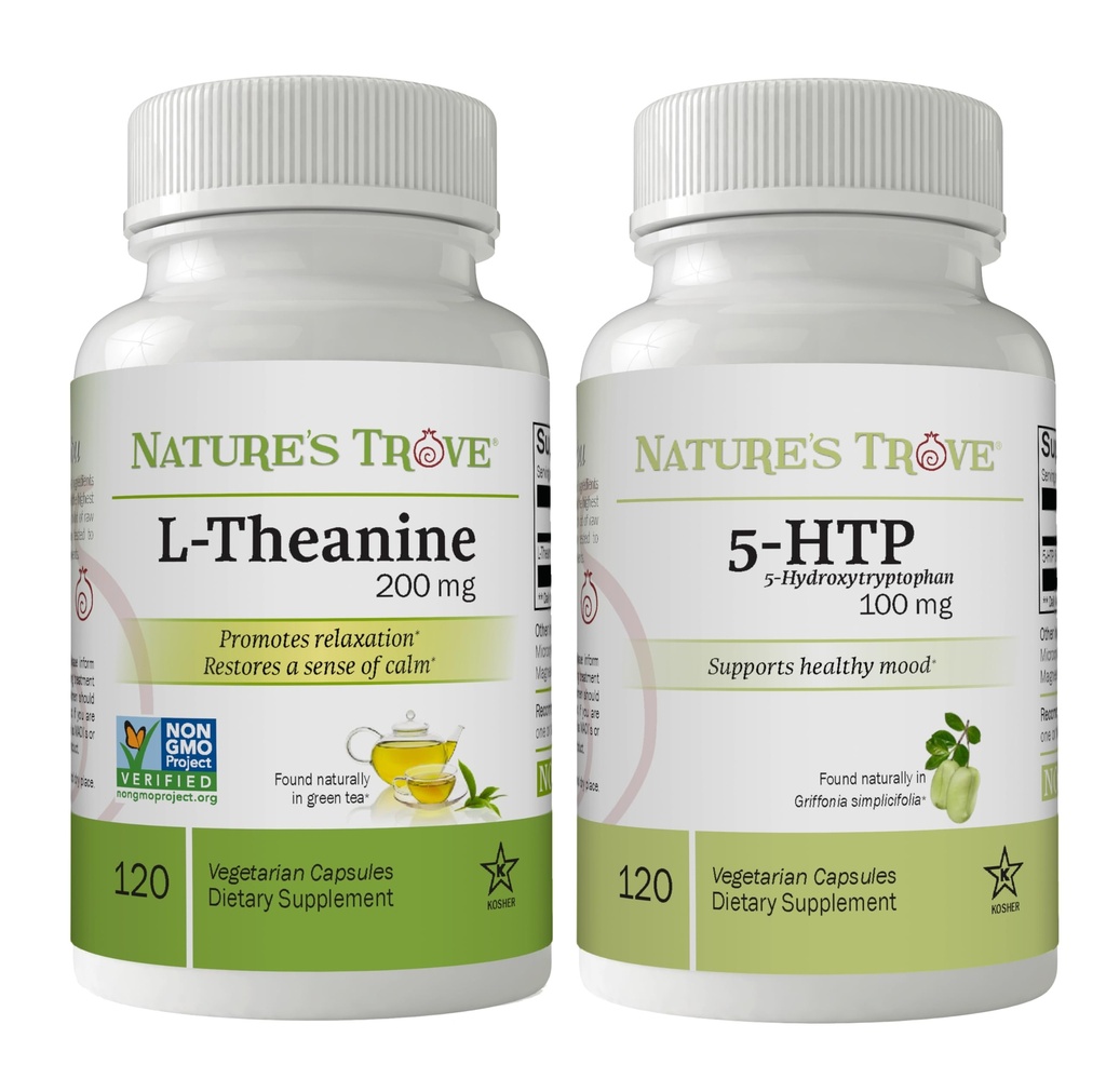 Natural 's Trove L- Theanine 200mg 120 Kapsułki wegetariańskie & 5- HTP 100mg 120 Kapsułki wegetariańskie - Spokojny i zdrowy Mood Stack