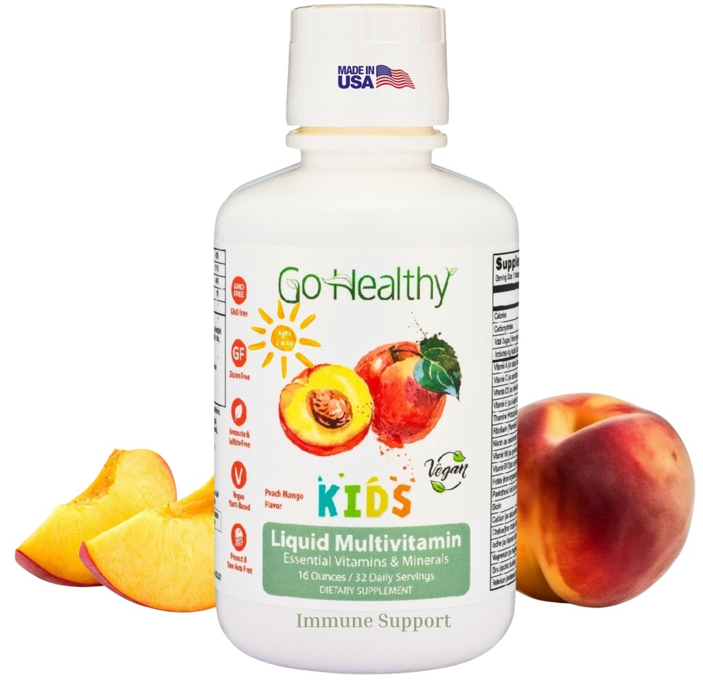 Go Zdrowe dzieci Liquid Multivitamin, Immune Support, Kid Liquid Multivitamin, Wysoka Wchłanianie Wegan Witaminy, Dzieci Witaminy Multivitamin Peach Mango - 30- 60 Służenia