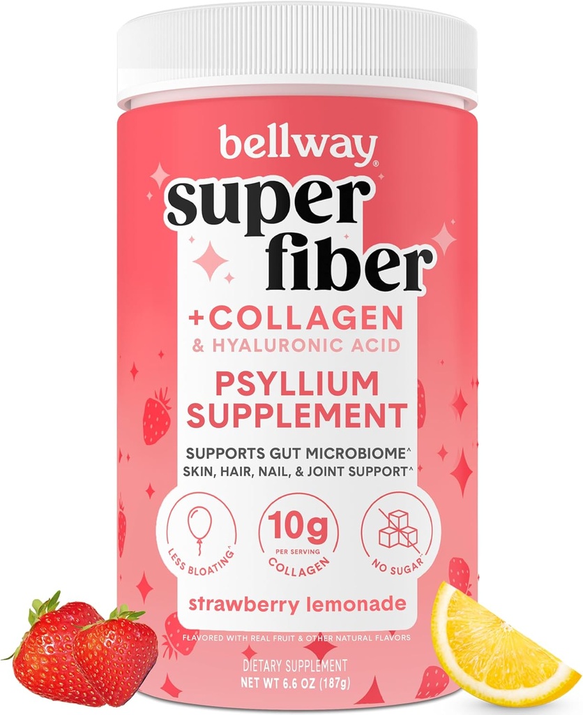 Bellway Super Fiber Powder + Collagen, Bezcukrowy Pyllium Husk Proszek z peptydami Collagen i kwas hialuronowy dla Gut Health, Zdrowa skóra, paznokcie, kości i łączniki, Truskawka Lemoniada (11 Słupki)