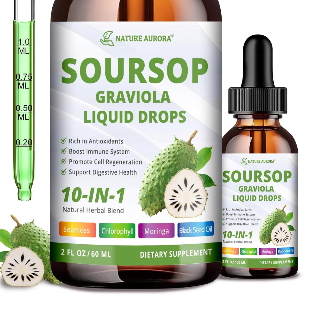 2000MG Soursop Graviola Liquid Drop, 10-in-1 Soursop Bitters Liquid Drops with Sea Moss, Black Seed Oil & Soursop Graviola Leaves Extract for Cell Support, Immunity, Gut & Antioxidant, 60ML